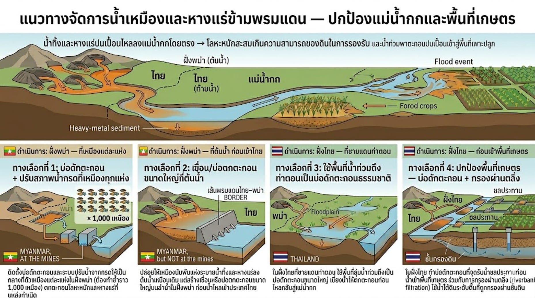 ภาพสรุปแนวทางจัดการน้ำเหมืองและหางแร่ข้ามพรมแดน 4 ทางเลือก